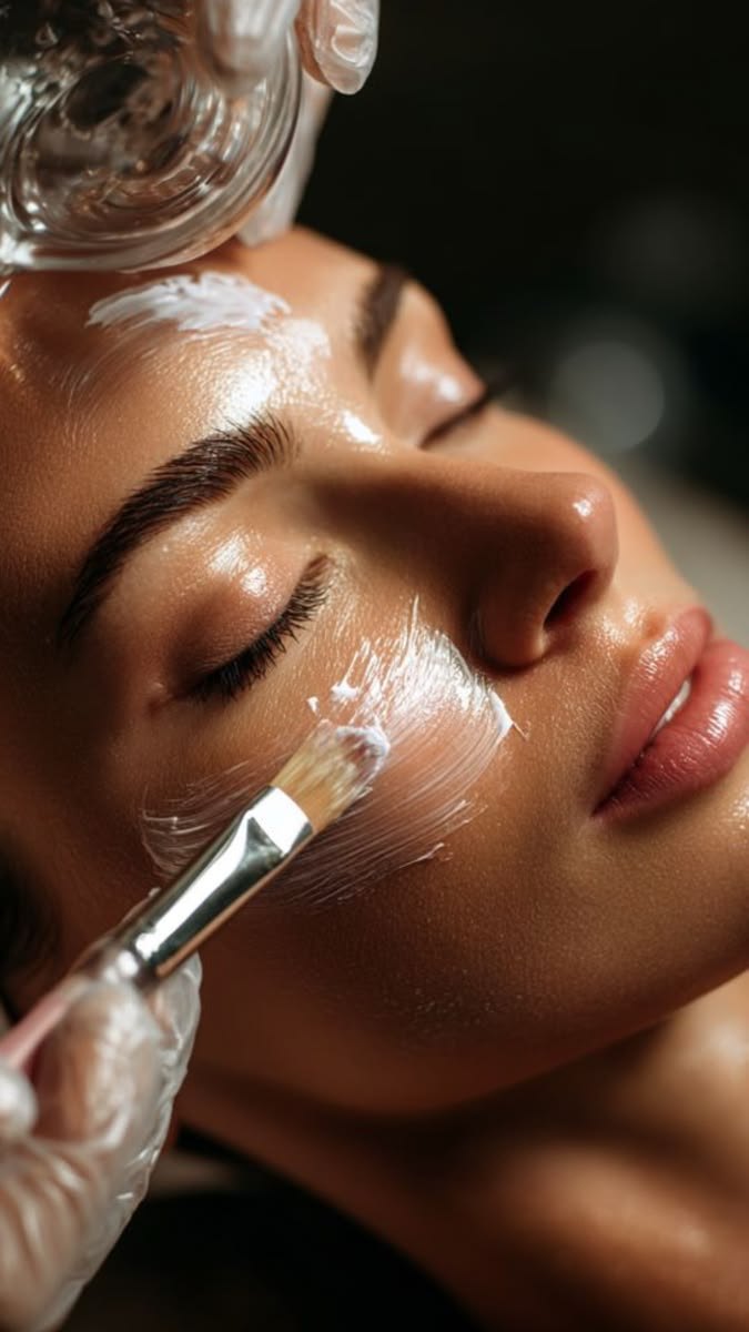 Aplicación de mascarilla facial con pincel en cabina
