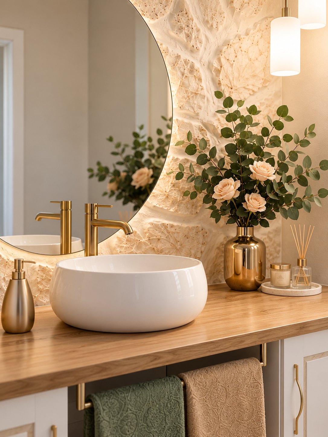 Lavabo del centro con grifería dorada y flores frescas