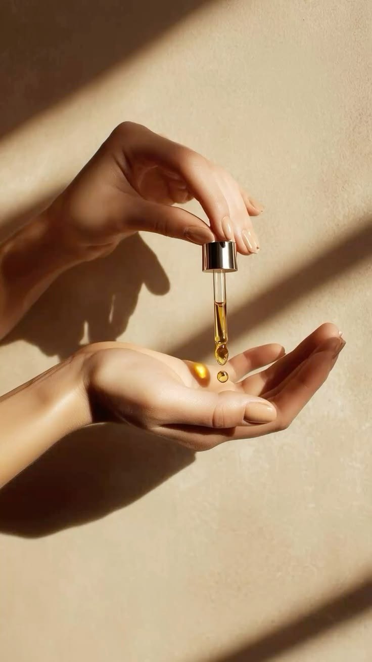 Manos dosificando unas gotas de sérum dorado